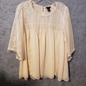 New Directions Blouse Women Large Ivory Delicate Tassel Trim Lace Bell Sleeve